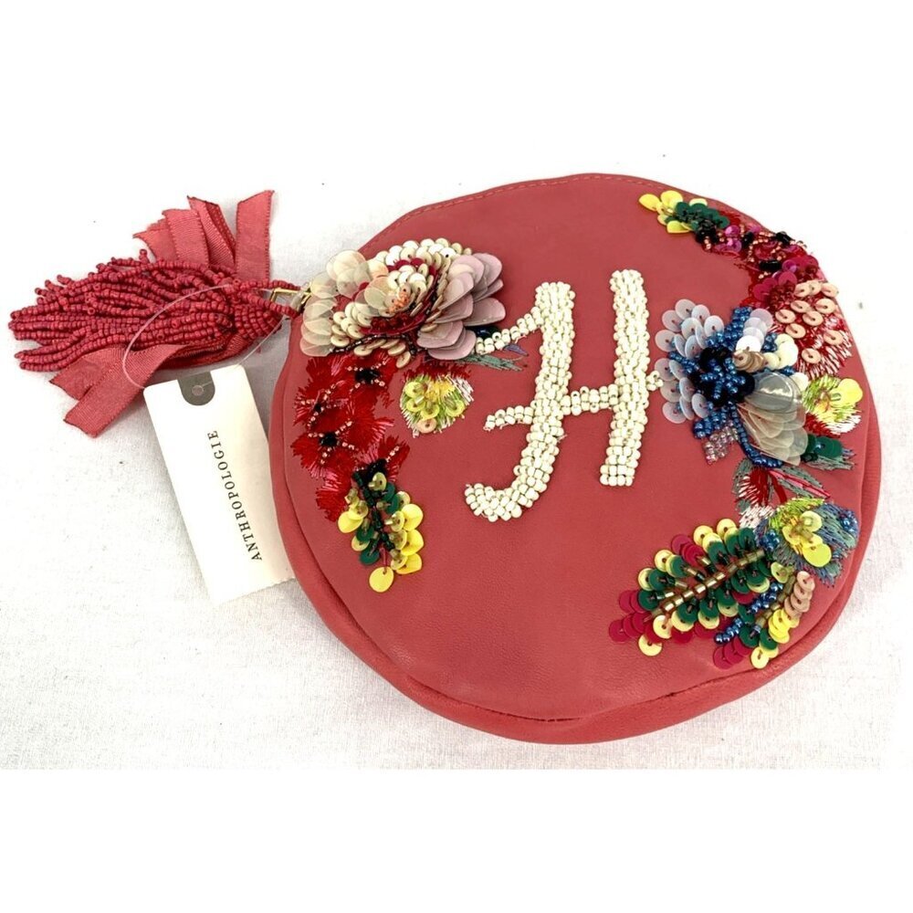 Anthropologie Anna Harlow Russo H Monogram Beaded Embroidered Pouch Purse 6.5"